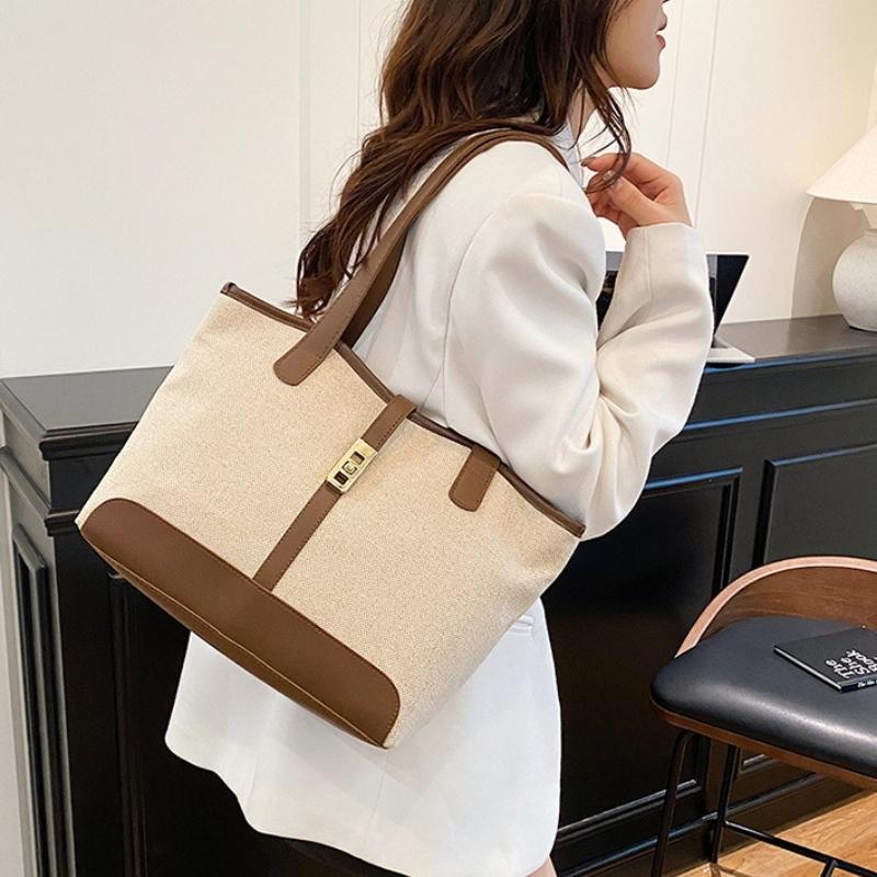 Minimalist Large Capacity Canvas Tote Bag with Brown Faux Leather Gold Turn Lock Detail Spacious Shoulder Purse for Daily Use