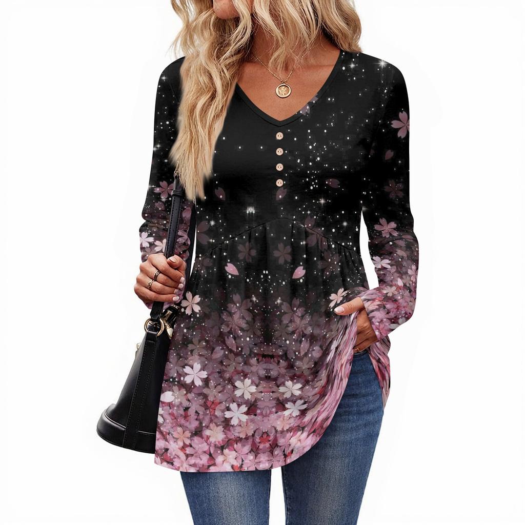Women's Casual Fashion V-Neck Button Retro Floral Print Long Sleeve Top