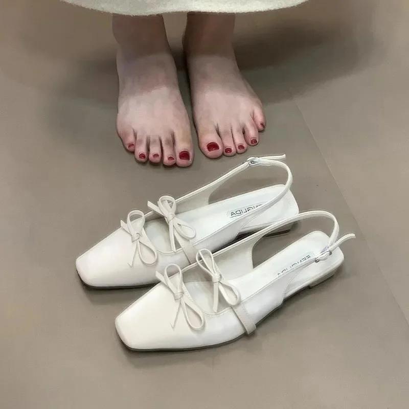 Fashion French Style Satin Surface Block Heel Sandals Butterfly Knot Pointed Toe Single Shoes Spring Summer Fairy Tale Feeling Slippers
