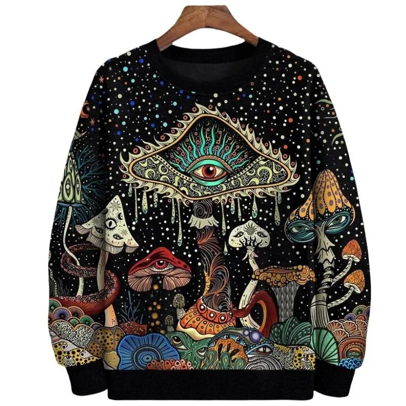 Women 3D Print Colorful Mushroom Mysterious Moth Graphic Crewneck Sweatshirt Longsleeve O Neck Loose Streetwear Vintage
