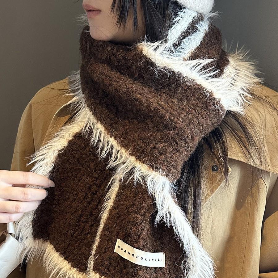 Autumn and Winter New Contrast Color Raw Edge Knitted Scarf for Women Korean Version Ins Fashion Warm Woolen Scarf Student Trend