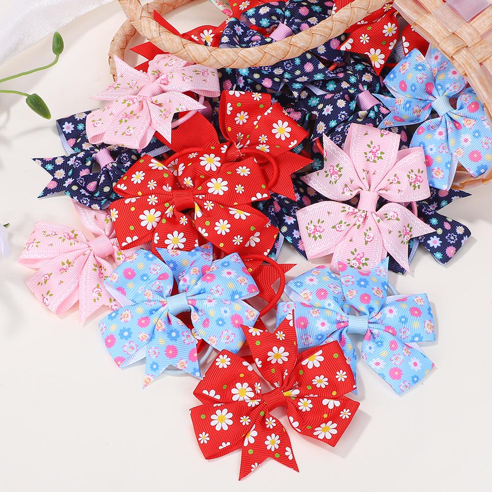

50Pcs Random 3inch flower bowknot hair rope for girls fresh printing head ties toddler cute ponytail hair band set