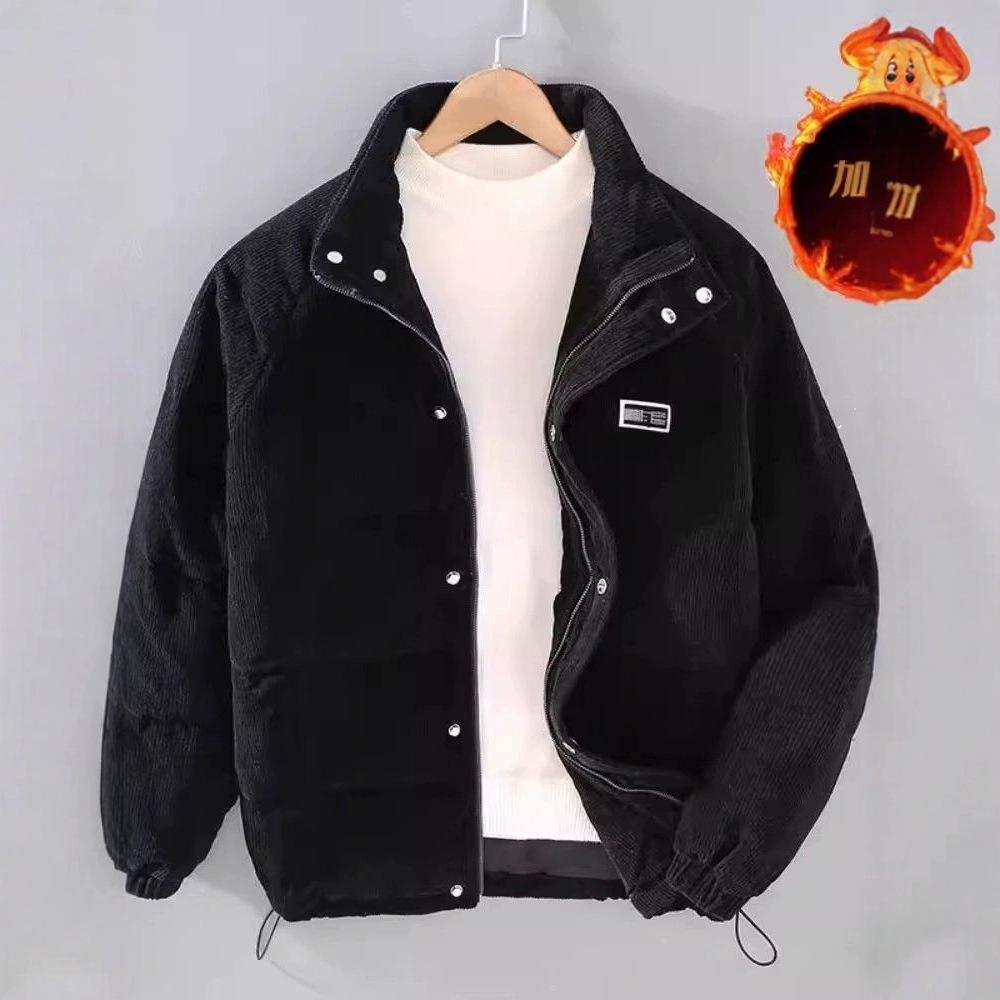 Men's Solid Color Retro Corduroy Down Jacket - Stand-up Collar Warm Cotton-padded Outerwear