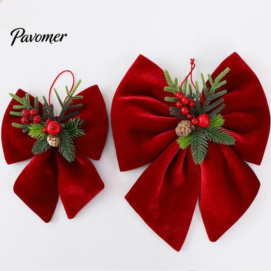 DIY Christmas Craft Supplies Velvet Bow, Burgundy Red Hanging Bow Ornament with Versatile Garland Decorations Berries Pine Cones for Holiday
