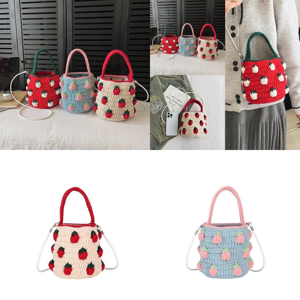 Cute Color Blocking Strawberry Pattern Women Knit Handbag For Daily Use