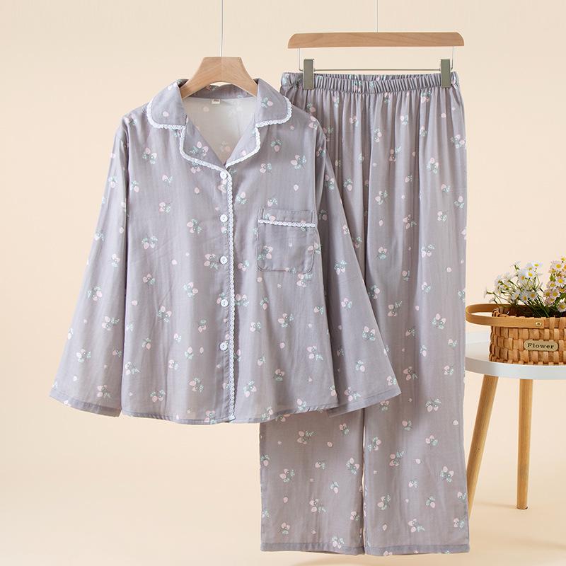 Women's pajamas spring and autumn new pure cotton yarn lace lace homewear loose large size cardigan long sleeve trousers homewear