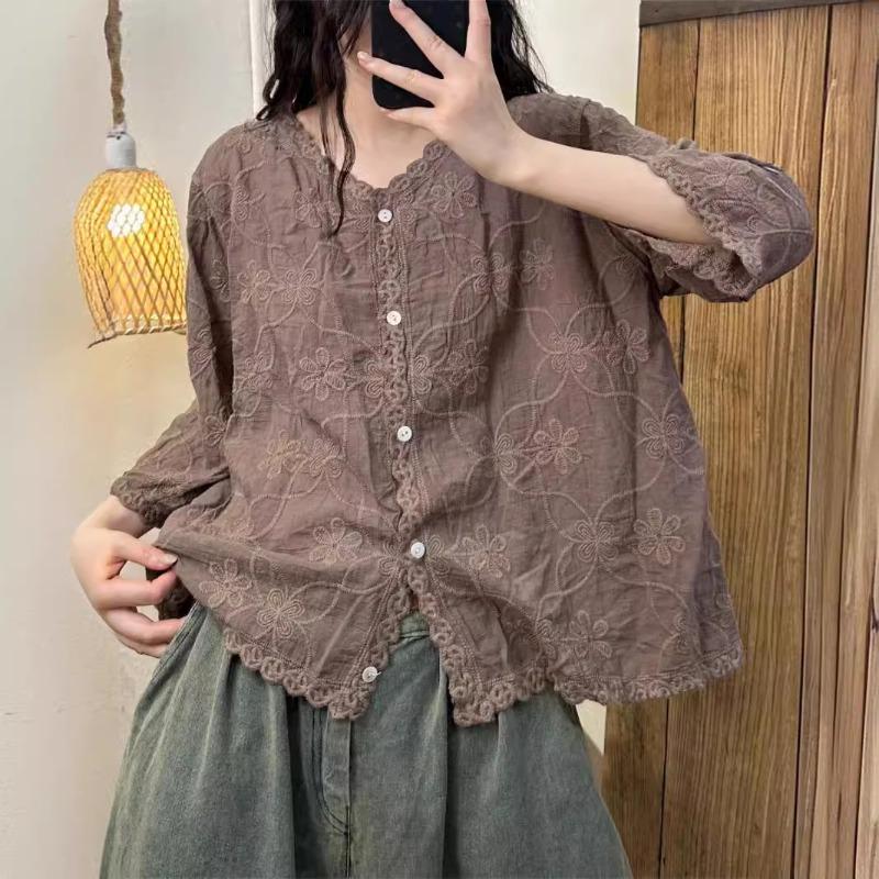 Damen Baumwollhemden Sommer Mori Girl Stil Stickerei Locker V-Ausschnitt Kragen Einreihig Oberteile Wild