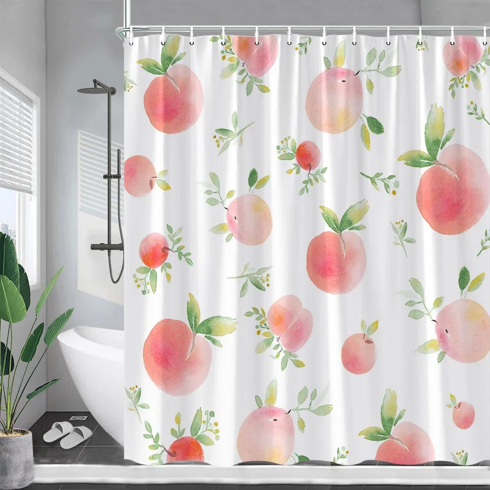 Cartoons Fruit Cherry Shower Curtain Cherries Green Leaf Printing Curtains Waterproof Polyester Bathroom Decor Wall Decoration