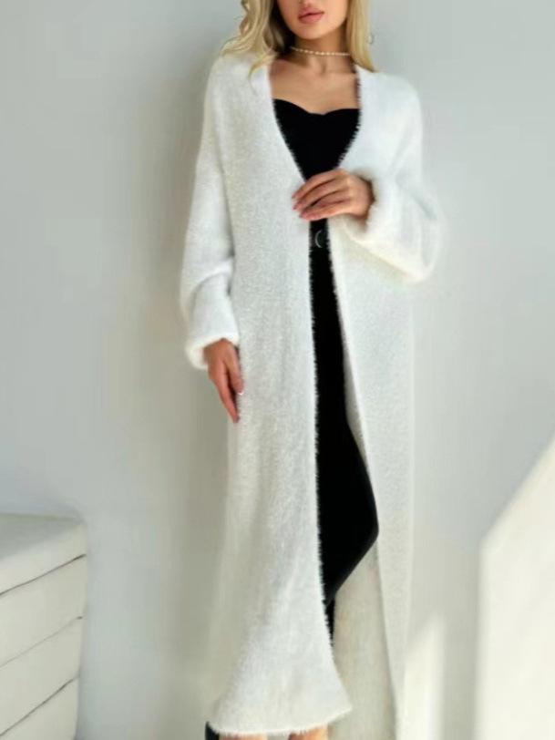 Extra Long White Faux Mink Cashmere Over-the-Knee Cardigan for Women - Loose, Thick Autumn/Winter Sweater