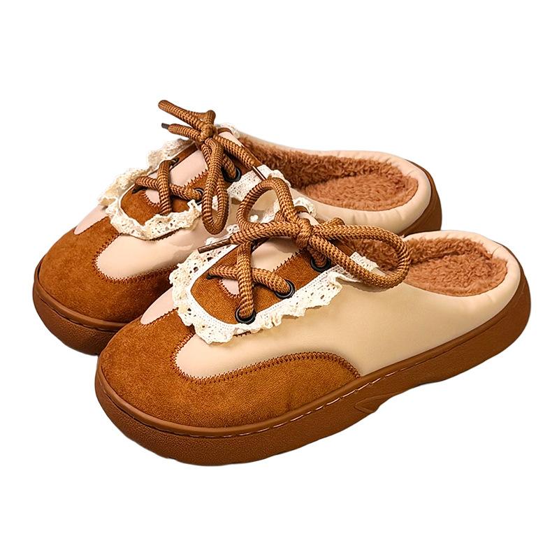 New Retro Leather Color Matching Tether German Training Shoes Autumn and Winter Indoor Household Velvet Warm Non-slip Cotton Slippers