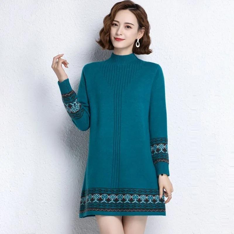 Autumn&Spring Half High Neck Knitted Sweater Dress Women's Loose Long Pullover Ethnic Style Retro Bottom Shirt Female