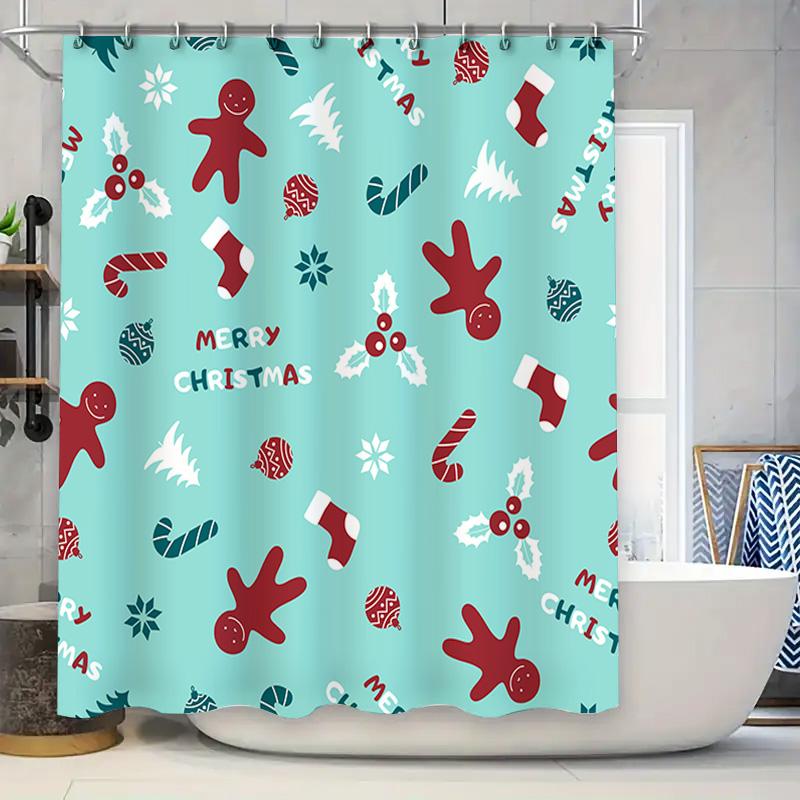 

Festive Christmas Shower Curtain Gingerbread Man Candy Cane Snowflakes Aqua Blue Bathroom Decor For Holiday Season W60H190(CM)-1 Pcs
