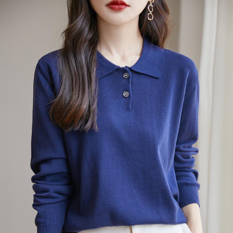 

2025 Осень Женский Однотонный Хлопковый Трикотаж Поло Воротник Футболка с Длинным Рукавом S