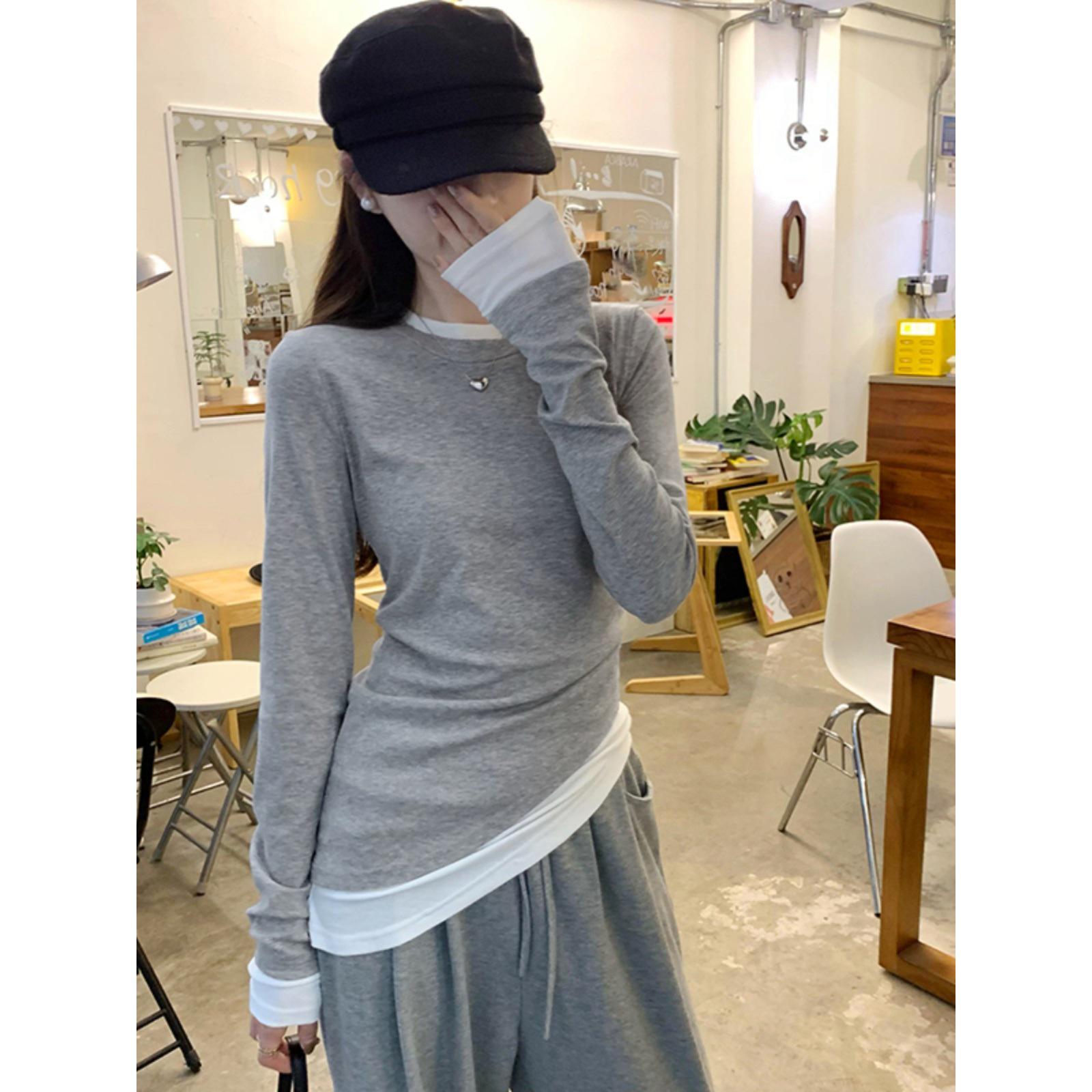 Women s Retro Faux Two-Piece Slim Fit Long-Sleeve Shirt for Autumn/Winter 2XL серый