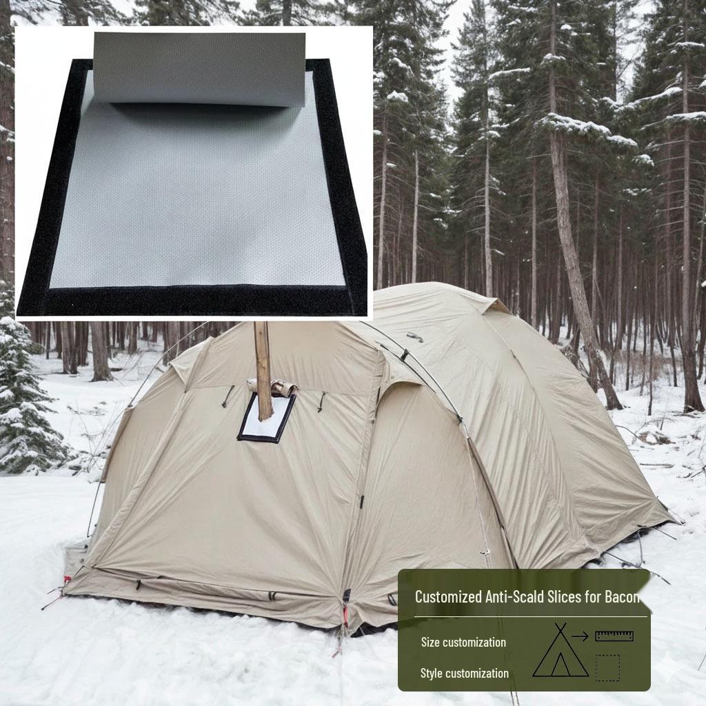 

Вогнетривка двошарова пірамідальна намет з димарем, протиопіковим кільцем та вогнезахисною водонепроникною накидкою для зимового кемпінгу на відкритому повітрі. 23X20