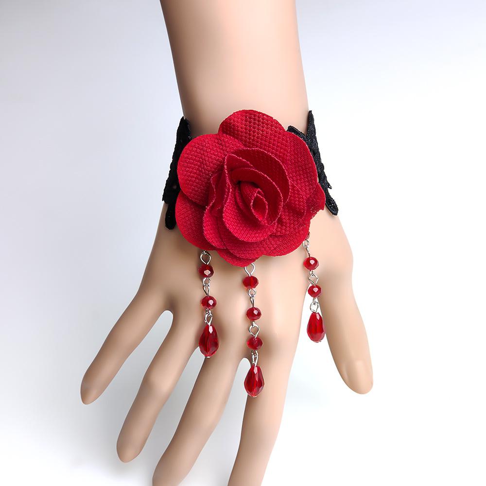 Retro Black Lace Bracelet with Red Rose and Integrated Ring Chain