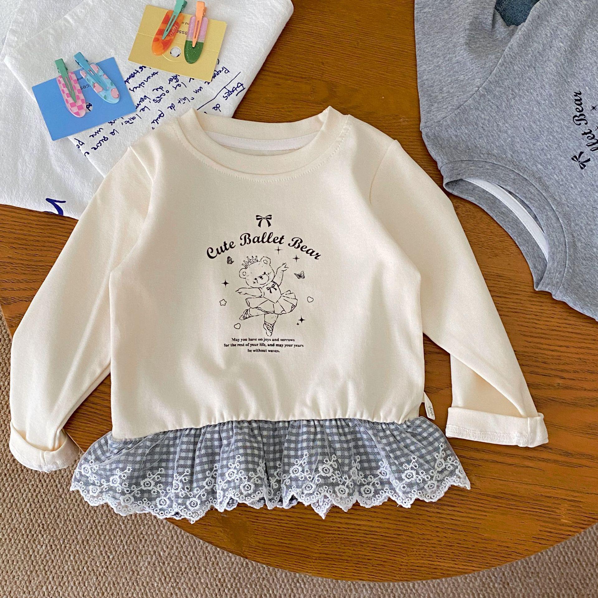 

Девичья футболка с длинным рукавом и кружевной отделкой - Весна-Осень 2025, Корейская мода 130 cm