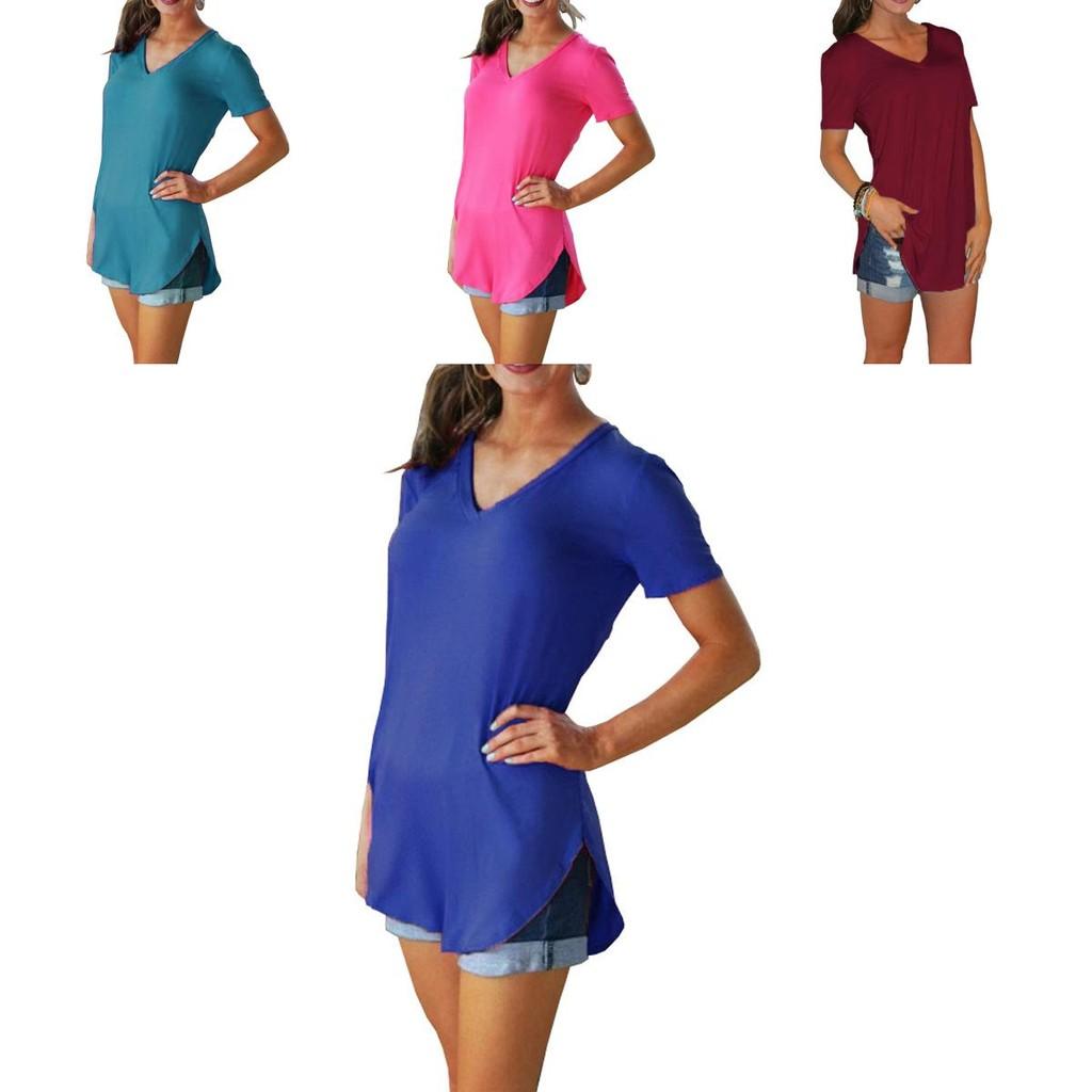 Stylish Women's Short Sleeve V-neck Hem Loose Casual Tee T-shirt For Summer Days