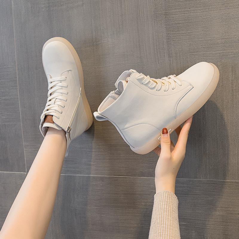 Large size high-top single shoes women's soft leather flats fashion lace-up casual short boots 2025 autumn and winter leather white shoes