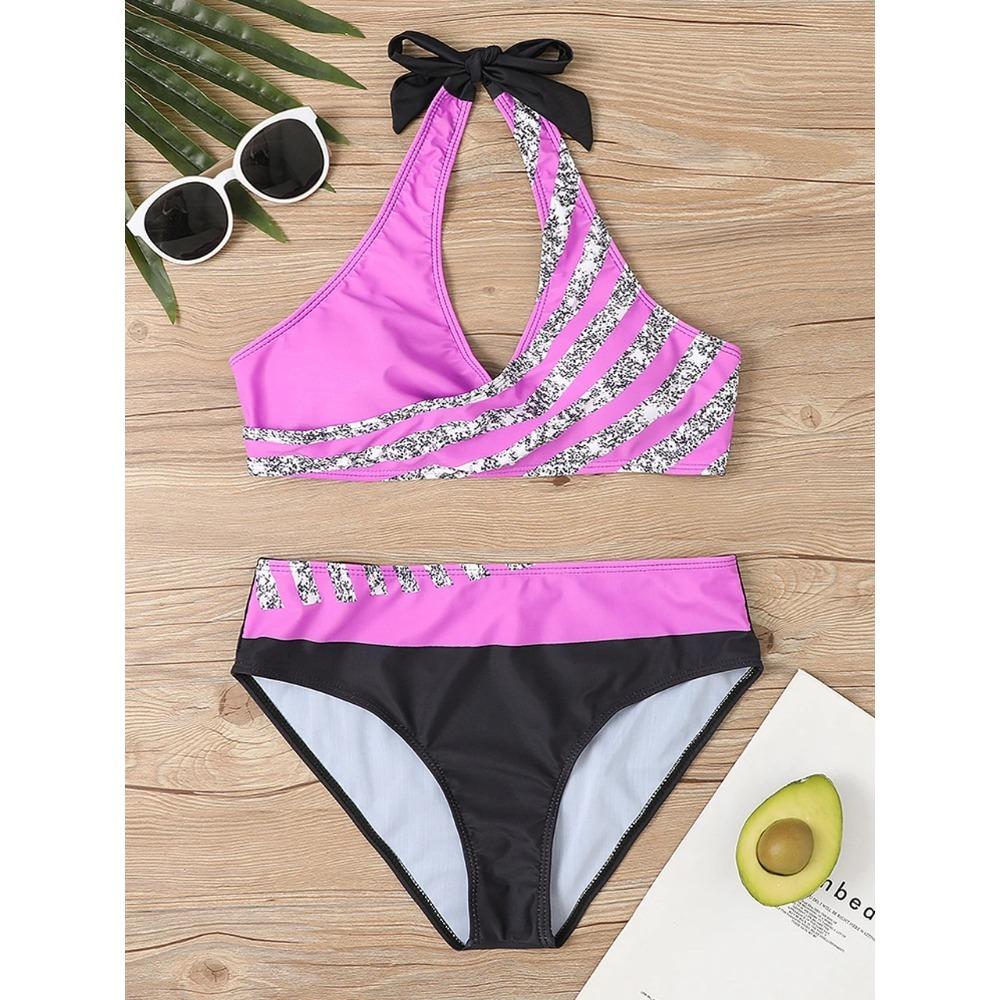 Bikini set s V výstřihem 2026 Dámský pruhovaný patchworkový plavecký úbor Letní plážové oblečení Plavky Ženské plavky Koupací plavky 3XL