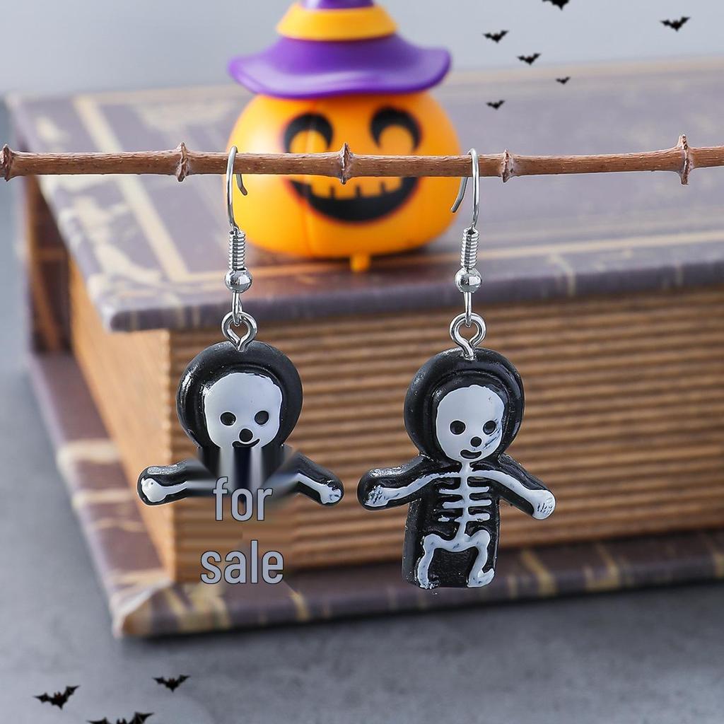 Dark Quirky Black Skeleton Resin Pendant Earrings & Necklace - Decorative Jewelry Accessories