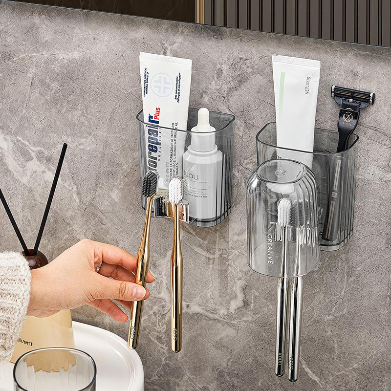 Set Organizzatore Portaspazzolino da Parete Senza Foratura, Scaffale da Bagno Senza Cuciture con Bicchiere per Collutorio per Spazzolino & Dentifricio