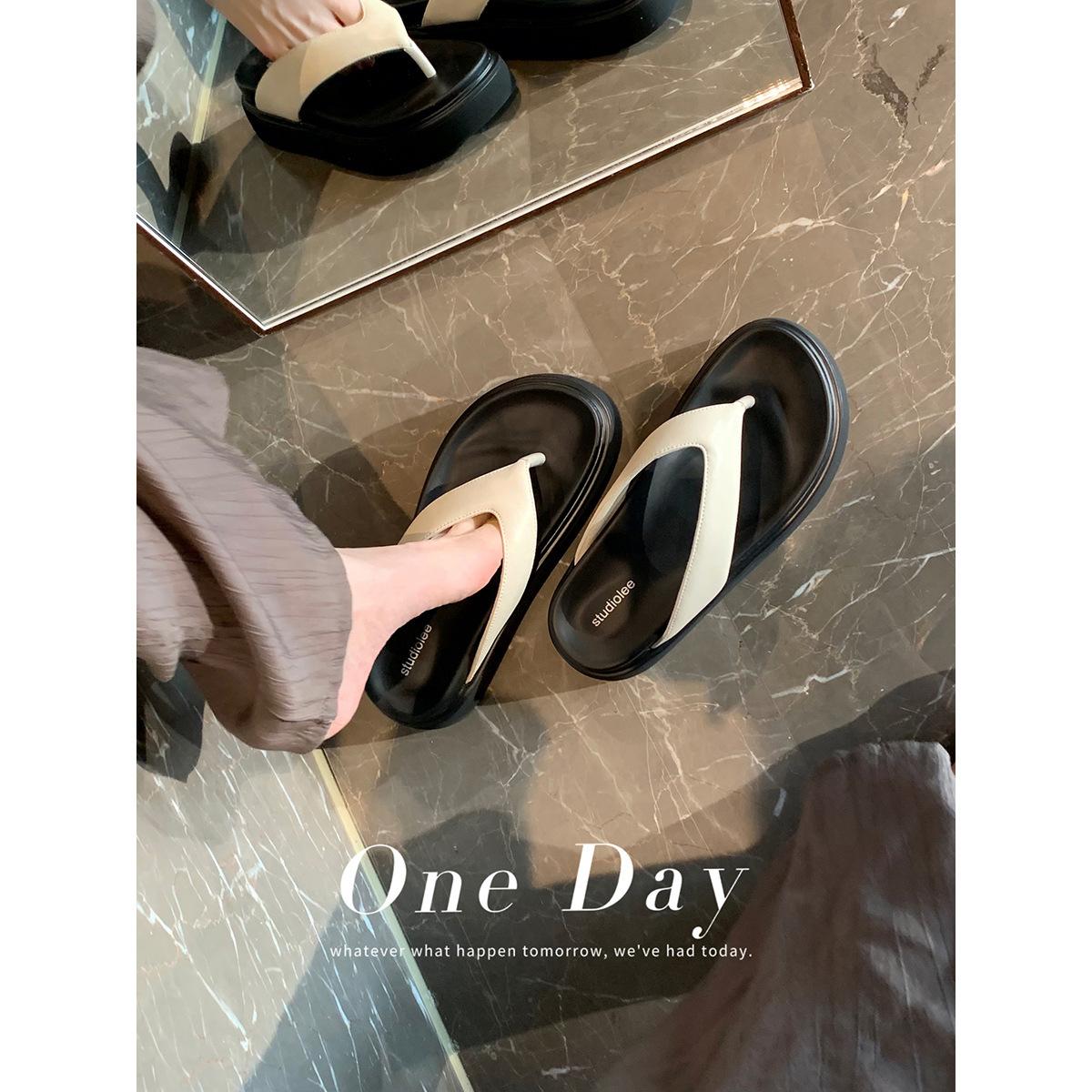 Sheepskin Version~ Casual Versatile Toe Simple Flip-Flops Women S Summer Wear Thick-Bottomed Cool Slippers Genuine Leather 36