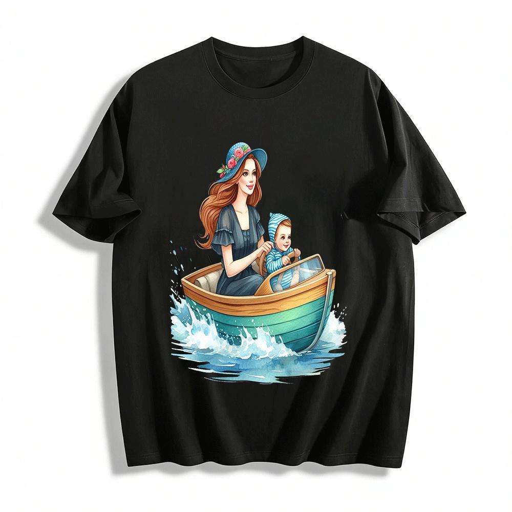 Warm Parent-child Boating Time Printed Casual Top Pure cotton T-shirt XXS