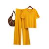 Knitted Solid Color Loose Zipper Hooded Short-sleeved Top Set + Casual Wide-leg Pants Two-piece Set