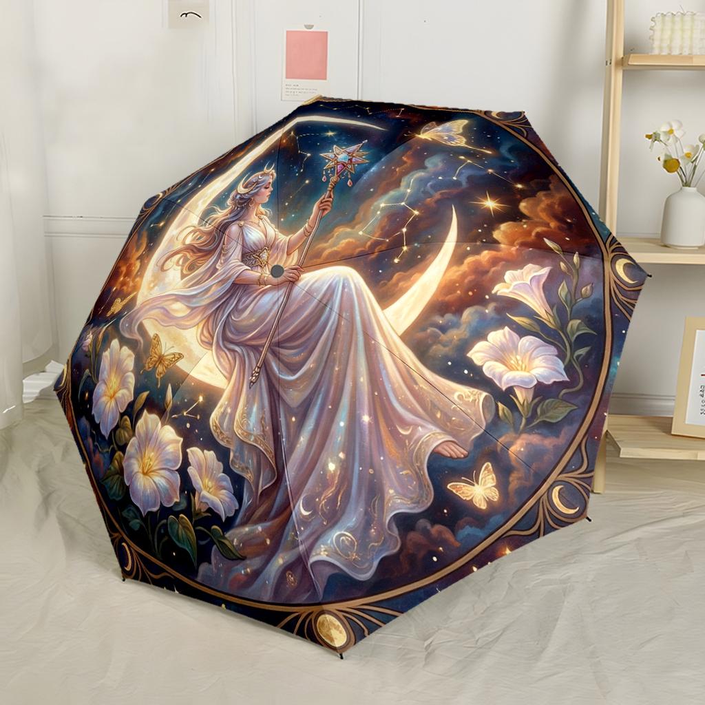 Floral Stained Glass Sprite Automatic Umbrella Folding Umbrella with 8 Ribs Compact Design Outdoor Daily Use Vibrant Pattern Umbrella Spiritual Gift