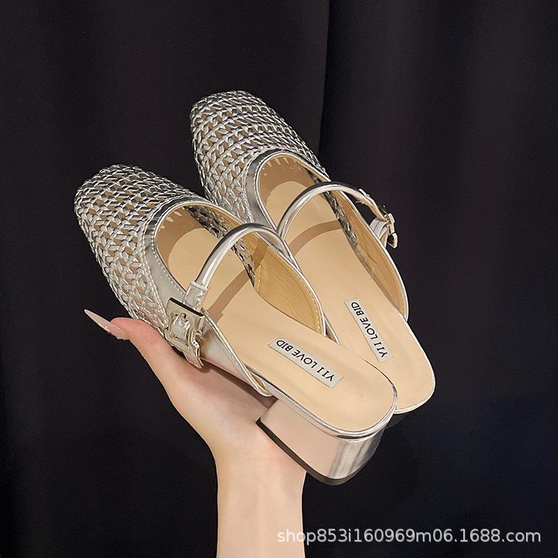 

French woven hollow heel bag head half slippers women s outer wear 2025 summer new high heel hollow cool slippers women 40 срібний