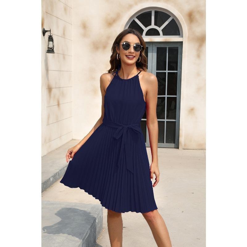 

Летнее женское платье с висячей шеей и шнуровкой без рукавов плиссированное мини-платье M синий