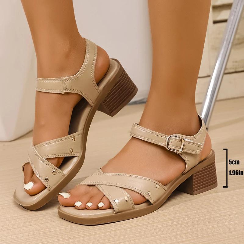 Fashion Elegant Pu Leather High Heels Sandals Women Summer Ankle Buckle Square Toe Sandles Woman Corss Straps High Heel Shoes Ladies