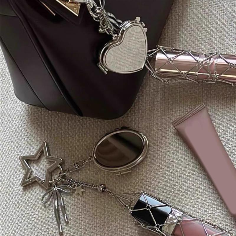 Metal Keychain Pouch Charm Stainless Steel Mesh Heart Star Detailing Compact Storage For Daily Use Bag Accessory Gift