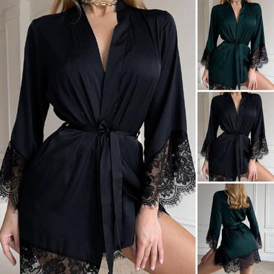 Lady Nightgown with Belt Hollow Lace Cuffs And Hem V Neck Cardigan Satin Solid Color Tight Waist Homewear Nightgown Fall Spring Sleepwear