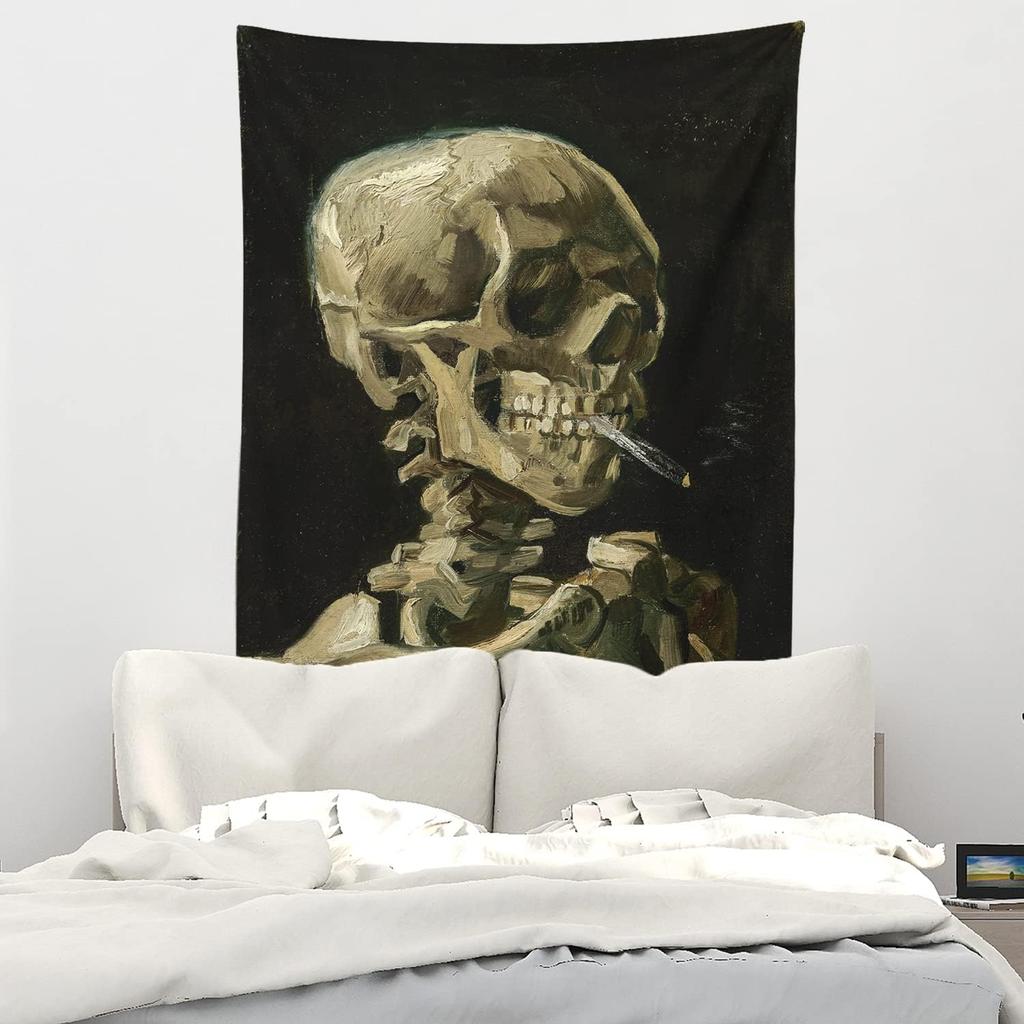 Van Gogh Schädel Wandteppich, Klassischer Ölgemälde Druck mit Skelett beim Rauchen, Wandbehang für Schlafzimmer Wohnzimmer Gothic Dekor