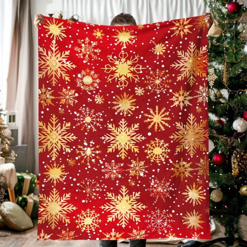 1pc Cozy Vintage Christmas Snowflake Blanket - Soft Flannel with Golden Snowflake Print Red Background with White Dots