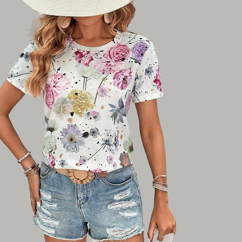 

Женская летняя футболка, футболка с короткими рукавами с цветочным принтом, повседневный топ с принтом