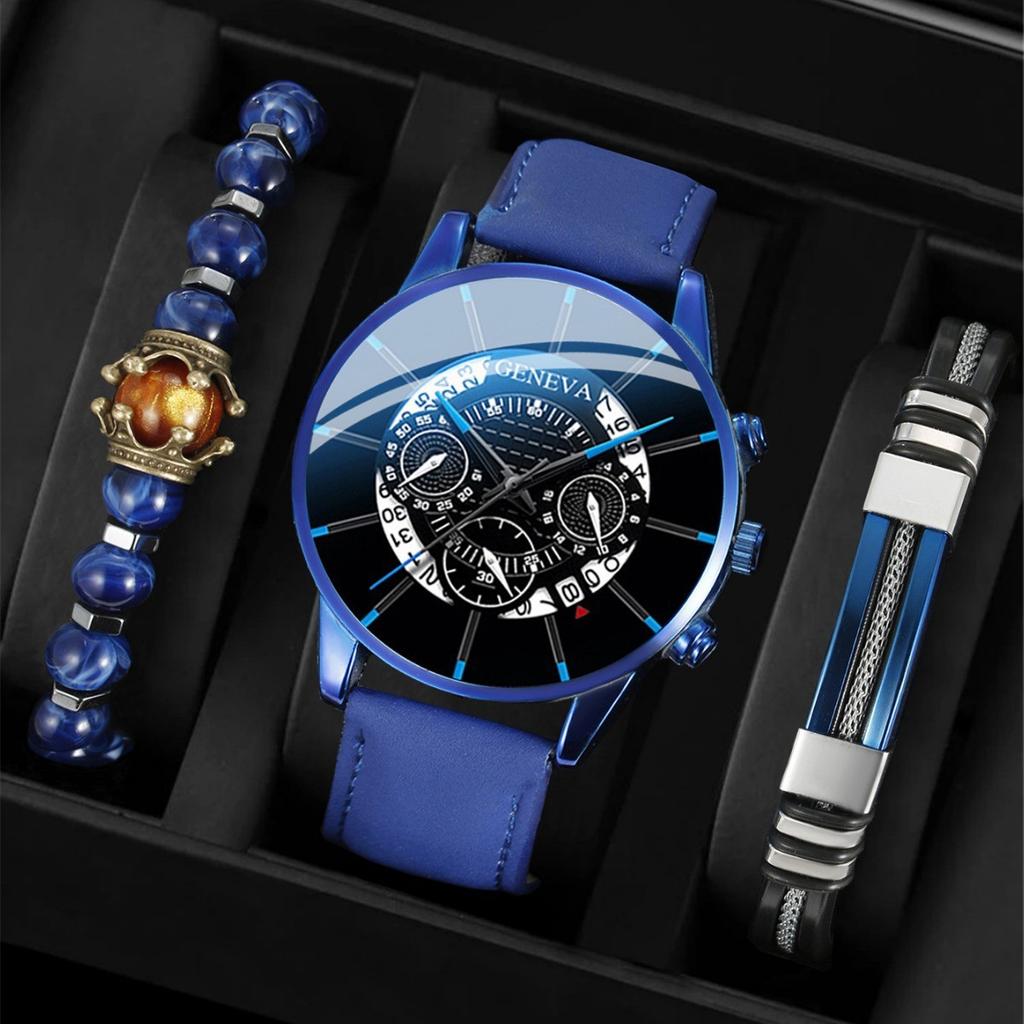 3pcs Men's Fashion Atmospheric Simple Trend Large Disc Business Quartz Watch High-end Luxury Blue Bracelet Two-Piece Set