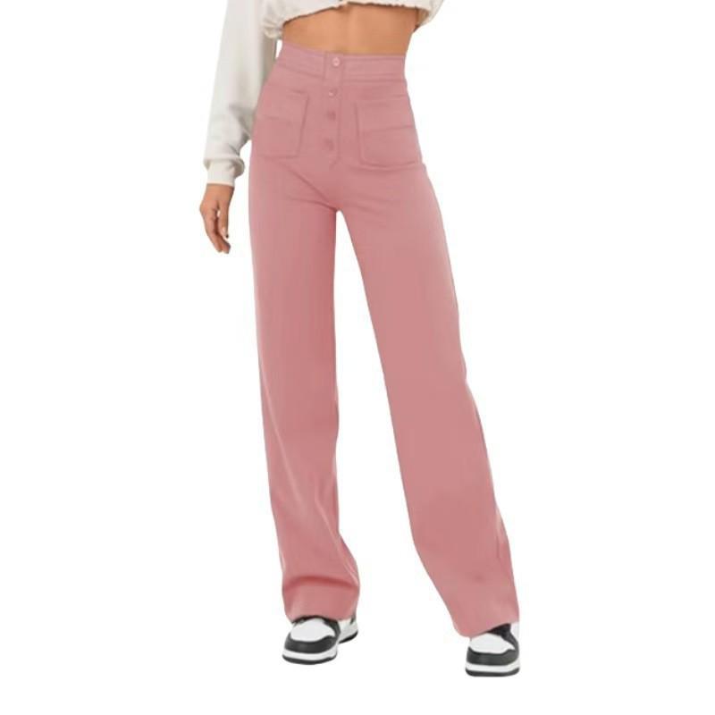 2024 Women's High-Waist Casual Straight Pants with Elastic Belt & Multiple Pockets