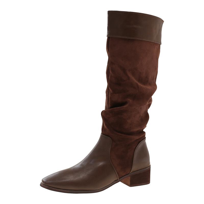 2025 höst nya retrostil tjock klack riddarstövlar dam spetsiga veckade pile-stövlar höga stövlar brittiska westernstövlar dam