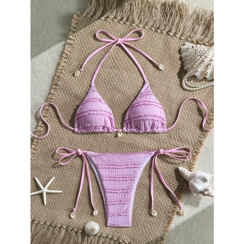 Solid Color Women Halter Three Piece Bikini Swimwear For Beach Swimming