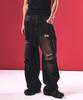 TRAVEL Open Knee Cargo Denim Pants Black