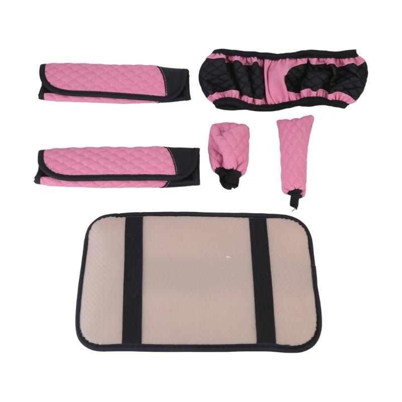 Leather Look Car Interior Accessory Kit with Quilted Wheel Cover, Armrest Pad, Belt Pads, Gear Handle and Handbrake Covers for Commuters