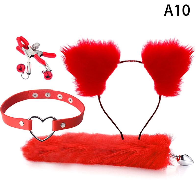 4Pcs Set Cute Fox Butt Tail Collar Anal Plug Nipple Clamp Soft Cat Ears Headbands Cosplay Adult Sex Toys Accessories