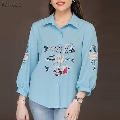 Camicetta casual da donna con stampa ampia e maniche a 3/4 con colletto rovesciato