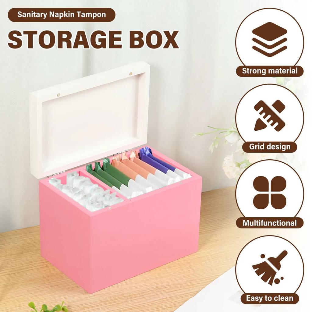 Wooden Pad and Tampon Holder 2-Compartment Countertop Storage Box with Hinged Lid Multi-role Bathroom Feminine Product Organizer