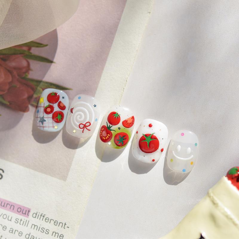 Kawaii Red Jelly Tomato Nail Art Sticker Bowknot Star Cute Summer Fruit 5D Fruit Self Adhesive Nail Art Decals For Summer Diy