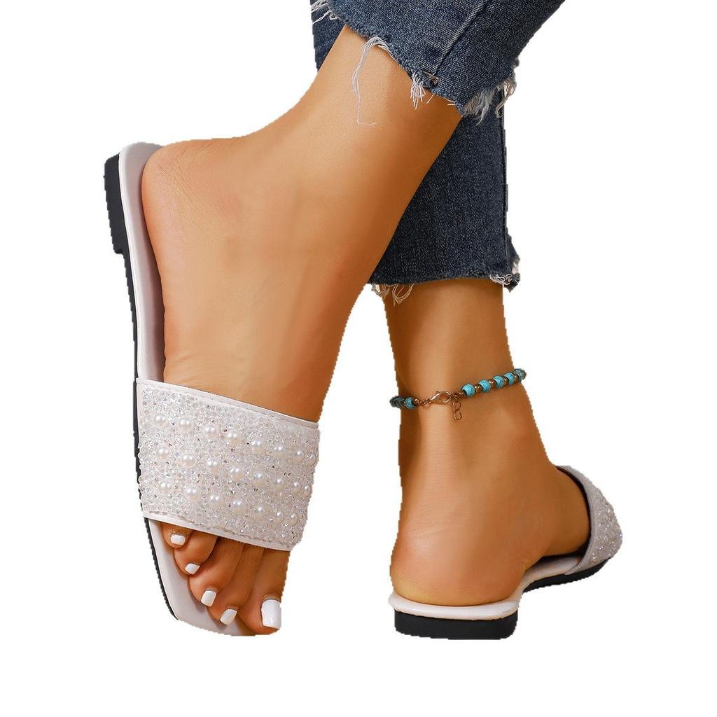 Summer Plus Size Women Slide Sandals Casual Outdoor Square Toe Flat Heel Single Strap Luxury Comfort Slippers