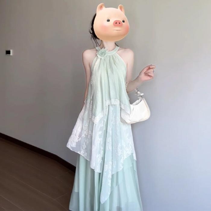 Super Fairy Vacation Wind Off-the-shoulder Neck Dress Summer Korean Pure Lace Splicing Irregular Lace Long Dress Women